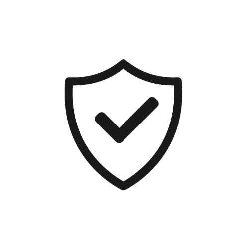 A simple black shield icon with a checkmark inside, symbolizing trust and security.