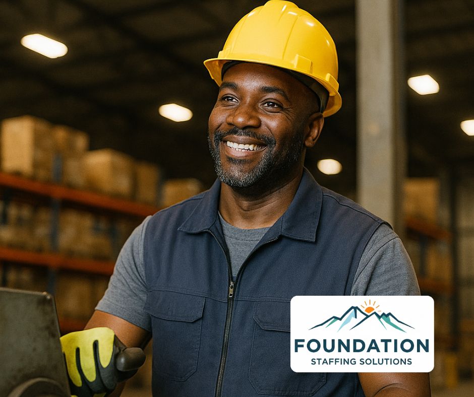 Industrial worker wearing safety gear operating machinery inside a Tennessee warehouse — positive and hopeful expression while working for Foundation Staffing Solutions, Rutherford County's number 1 staffing agency.